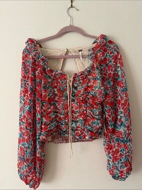 Free People Floral Ruffle Tie-Front Blouse - Red/Teal